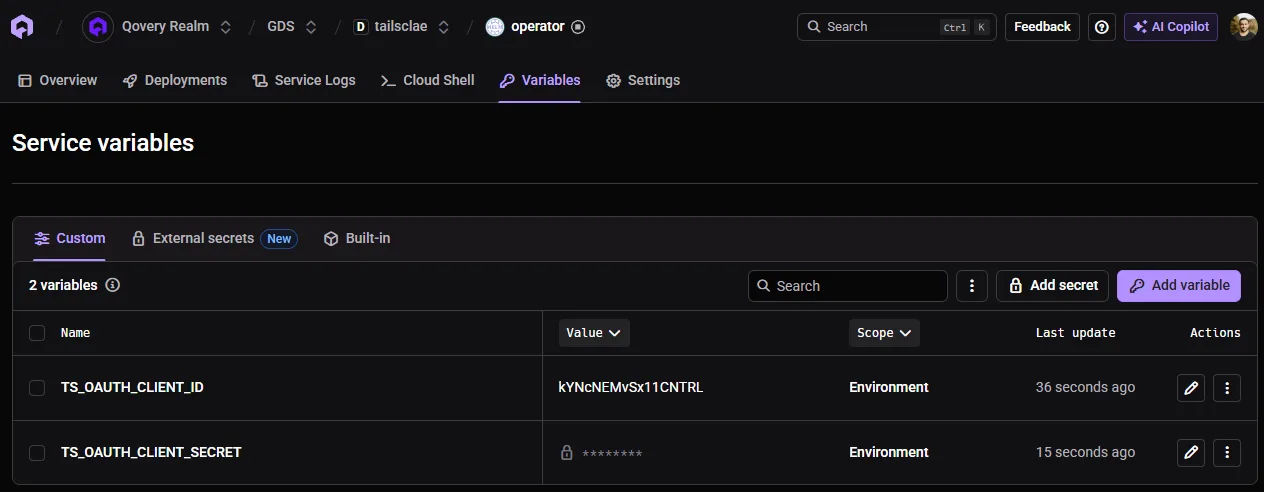 The Qovery Service variables tab listing TS_OAUTH_CLIENT_ID and TS_OAUTH_CLIENT_SECRET, the secret value masked