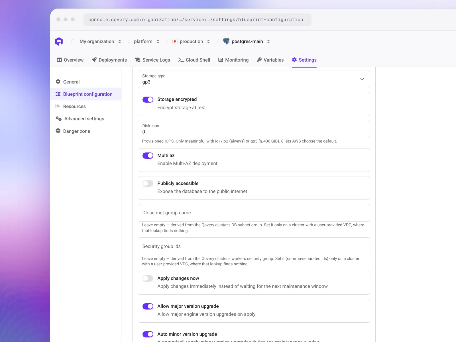 Blueprint configuration of an Amazon RDS for PostgreSQL service in Qovery