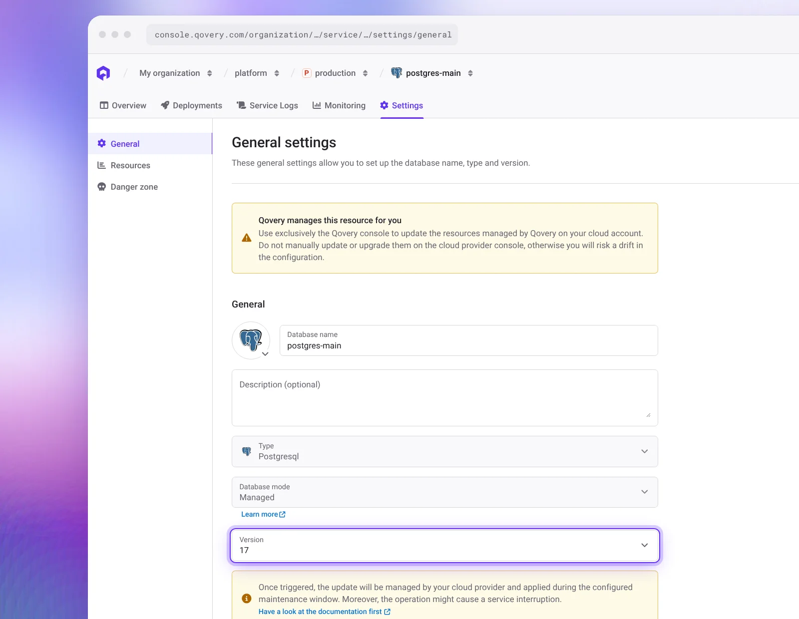 Version setting of a managed PostgreSQL database in the Qovery Console, with PostgreSQL 17 selected
