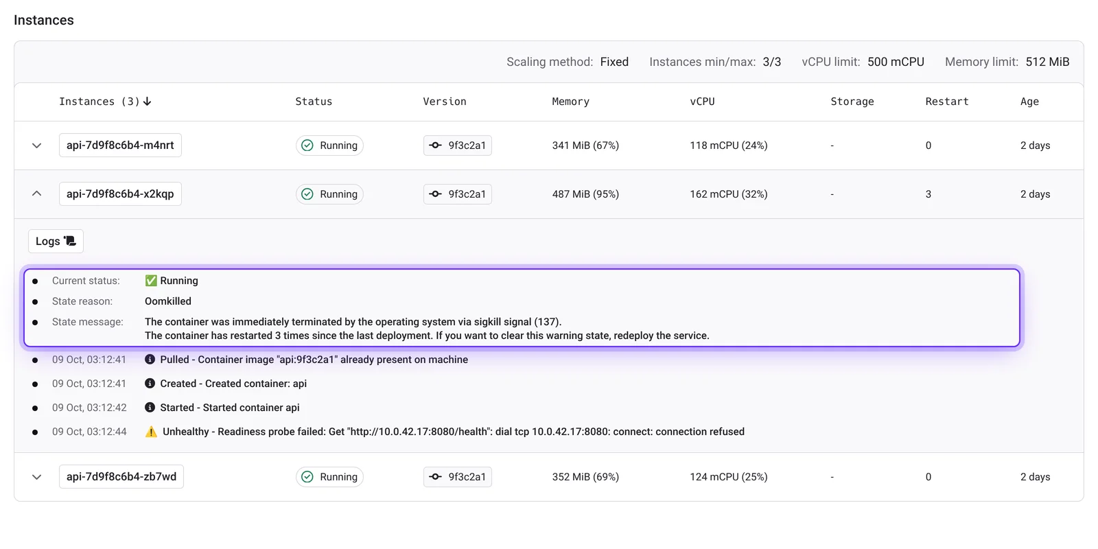 Qovery Instances table with an expanded pod restarted 3 times, state reason Oomkilled and exit code 137