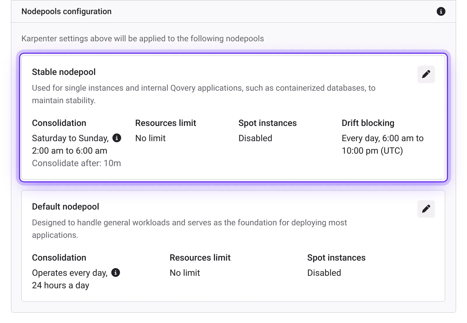 Qovery cluster Resources settings with the stable nodepool consolidating on weekends and drift blocked from 6:00 am to 10:00 pm UTC