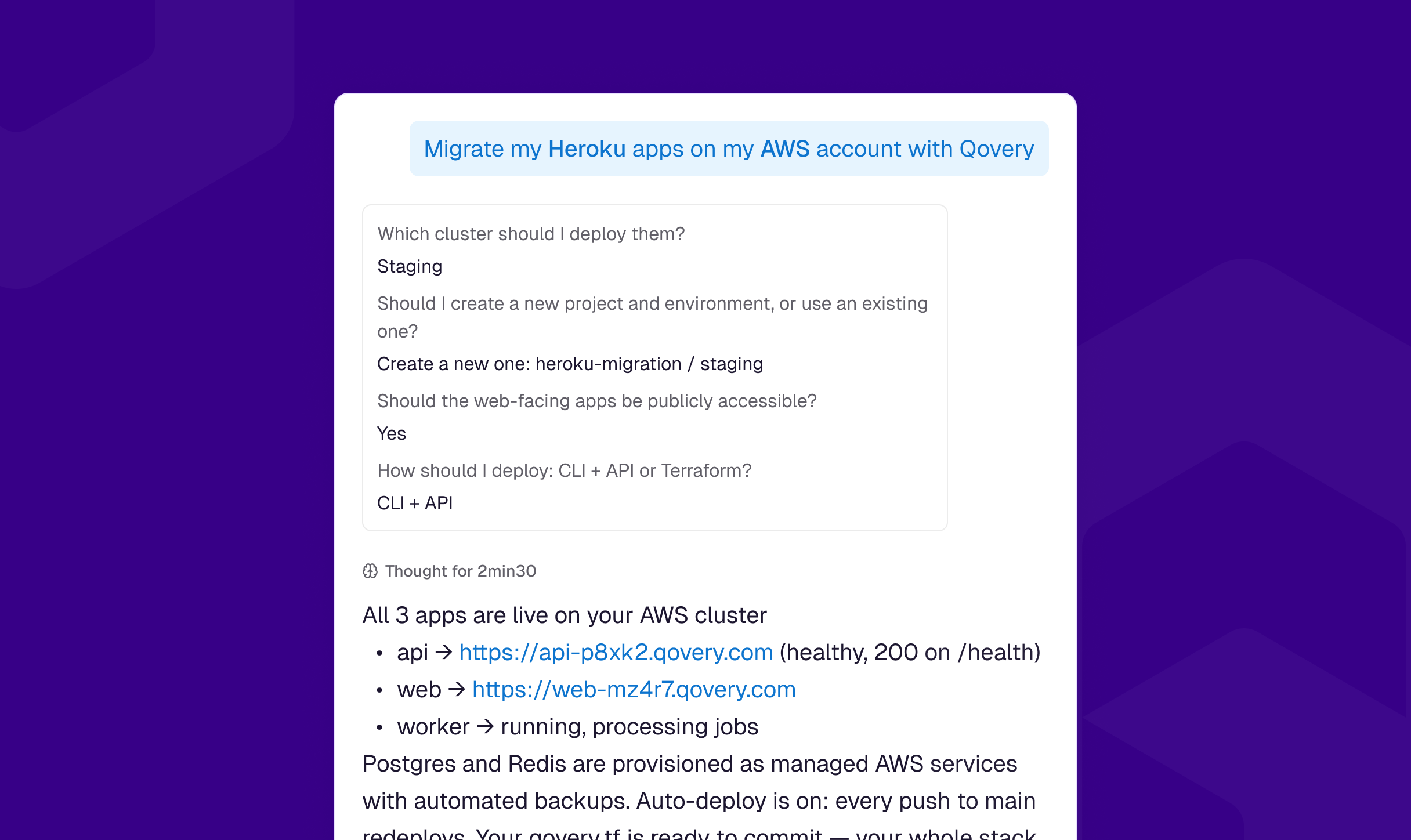 Qovery agent migrating Heroku applications to an AWS account