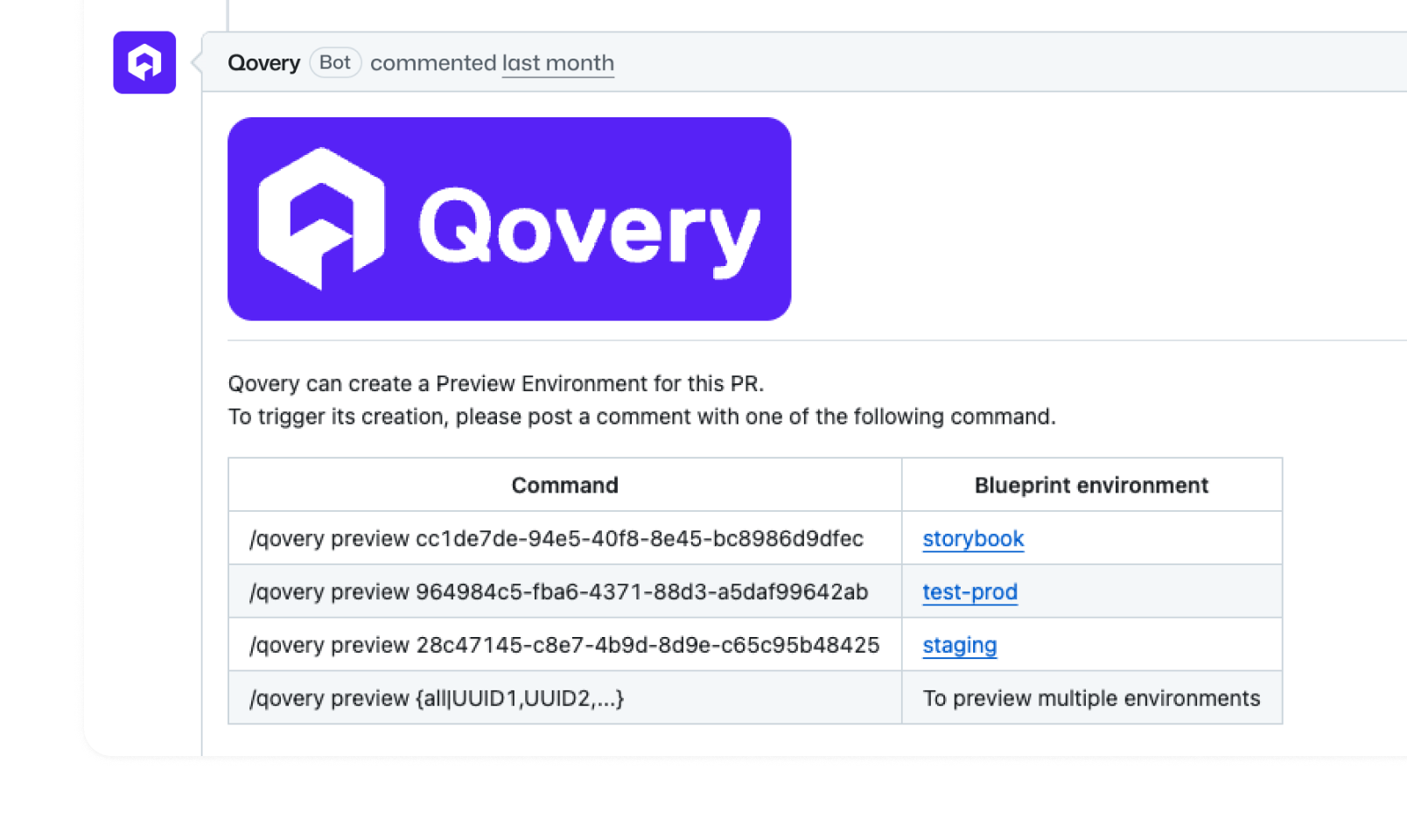 Qovery preview environment comment workflow from the Figma homepage design