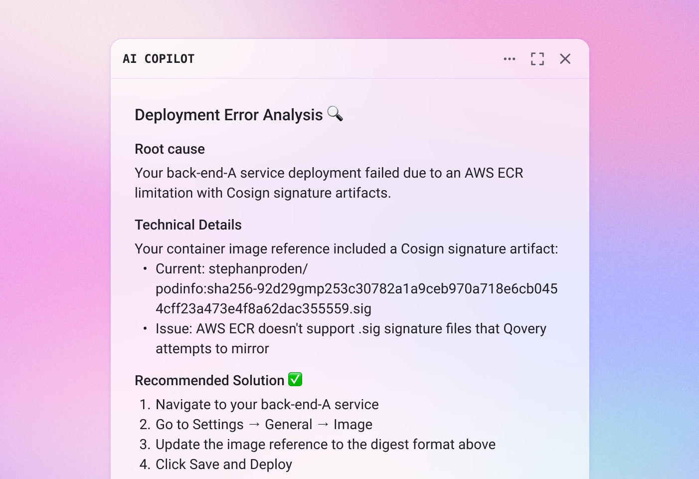 Qopilot analyzing a deployment error and recommending a solution