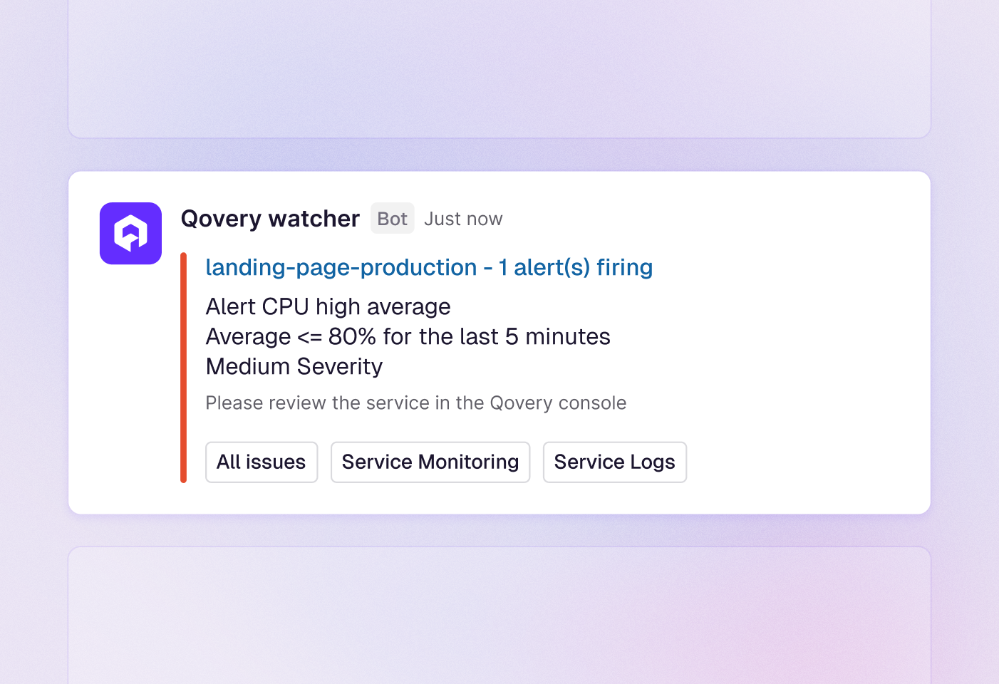 Qovery alert notification delivered in Slack with links to monitoring and logs