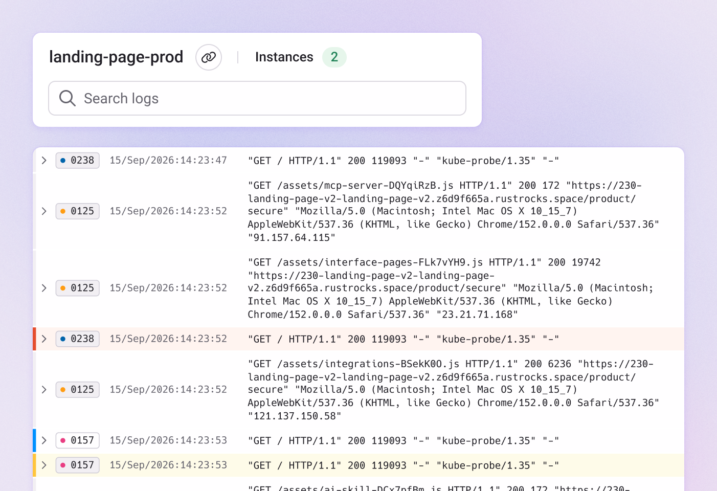 Qovery service logs with search, instances and highlighted log levels