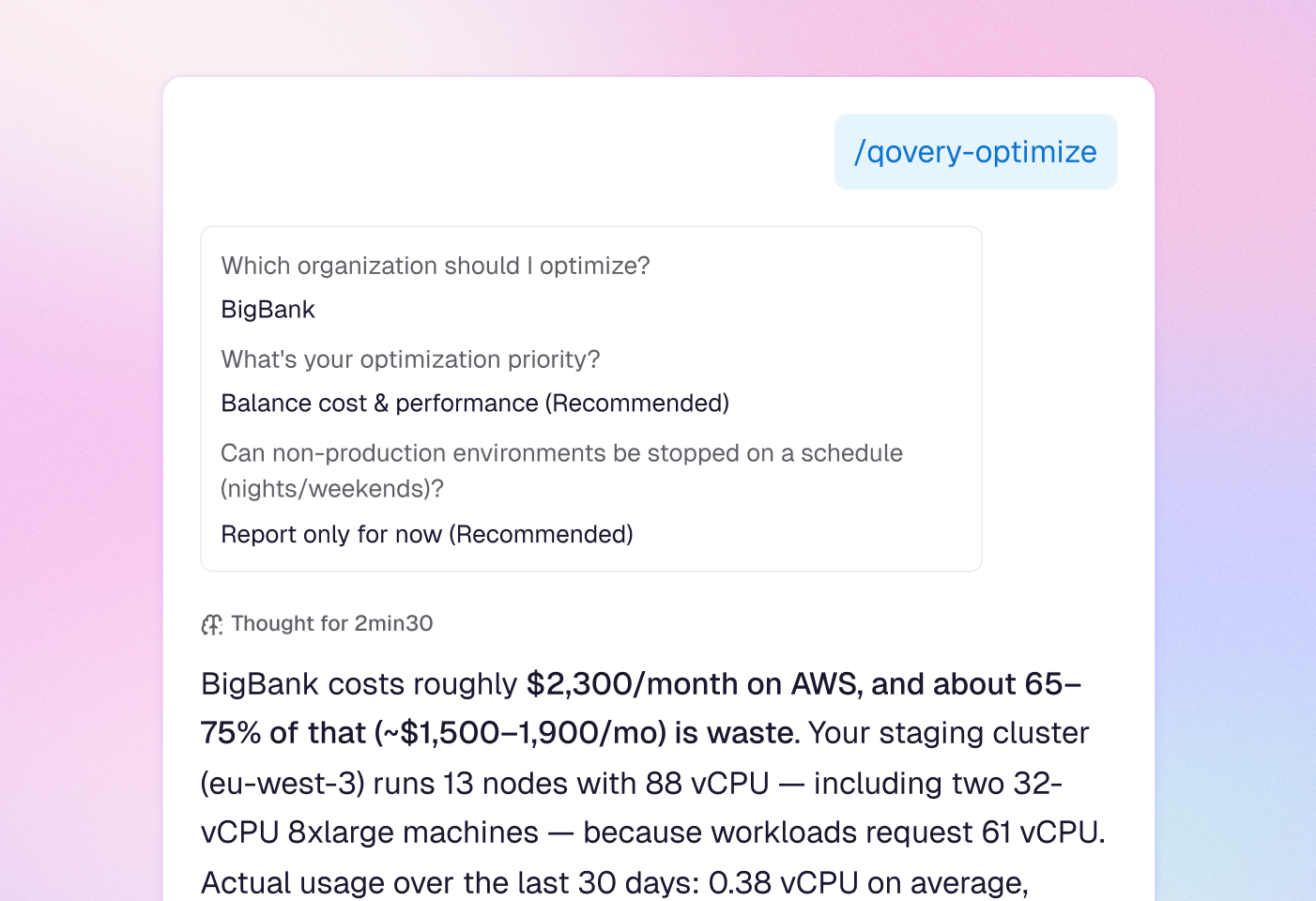 Qovery AI skill analyzing an organization and reporting potential cloud savings